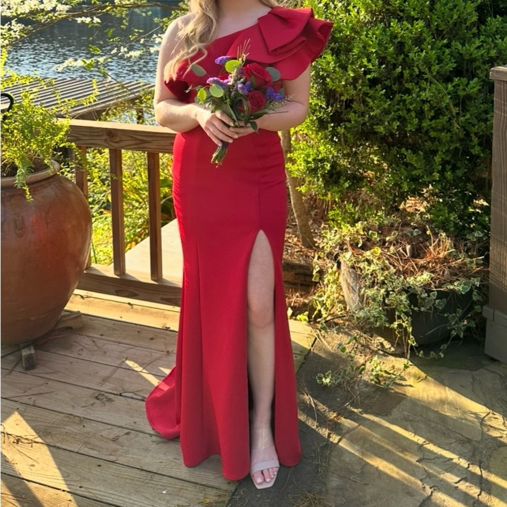 Dave & Johnny Red One-Shoulder Prom Dress